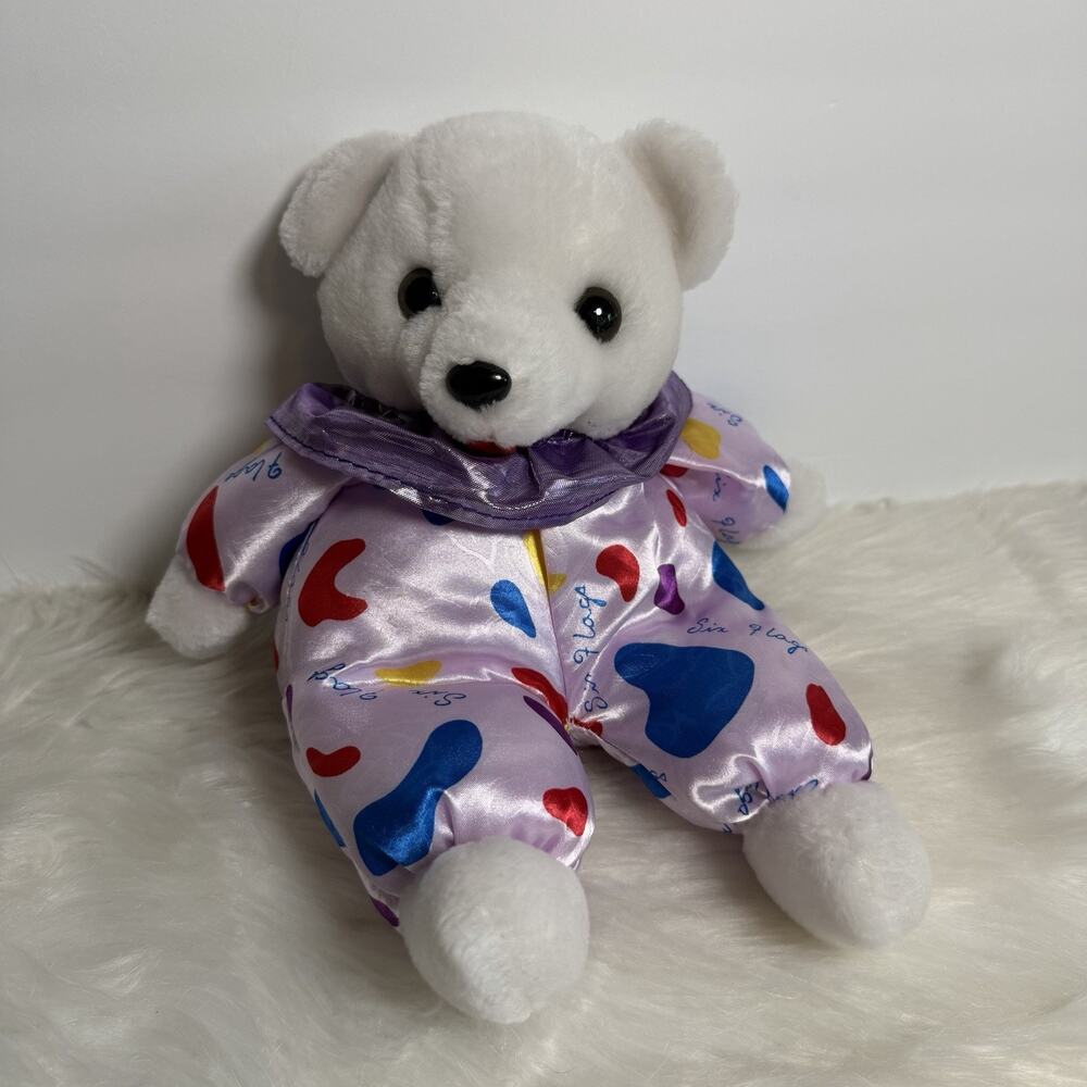 Vintage Six Flags Purple Collar Red Blue Yellow Spots White Plush Bear Souvenir